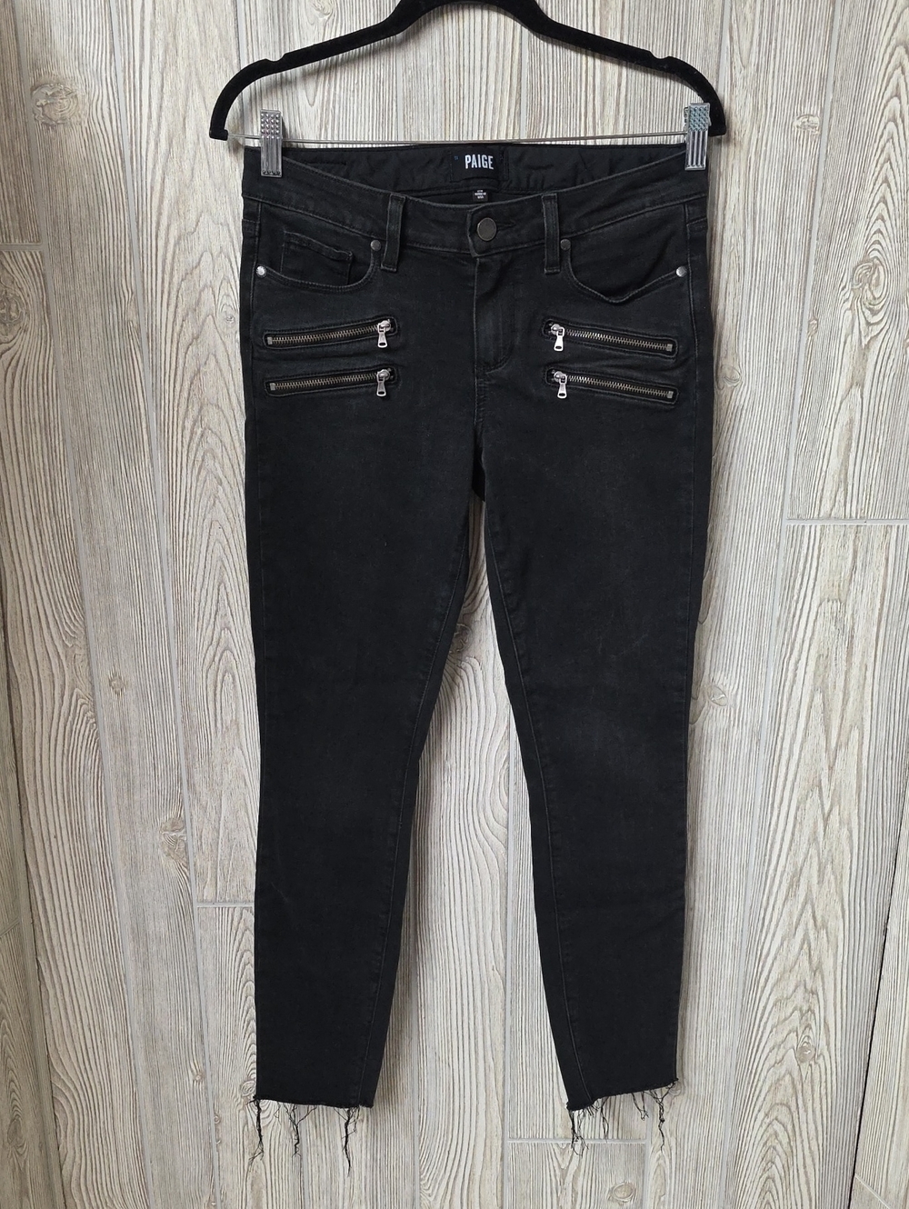 Paige Edegmont Skinny Black Fog Wash Jeans Zipper Accents Womens Waist Size 28